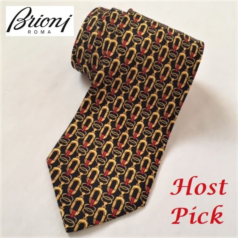 BRIONI men's silk tie, navy, gold, red
